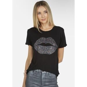 Lauren Moshi Edda Crystal Sprinkle Lip Black T-Shirt Size Small Multicolor Lips